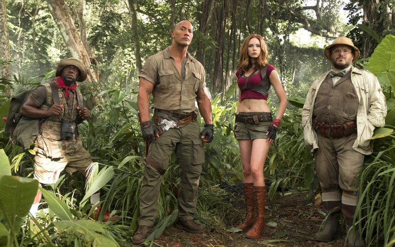 Sie spielen die Hauptrollen in der "Jumanji"-Reihe (von links nach rechts): Kevin Hart, Dwayne Johnson, Karen Gillan und Jack Black.
