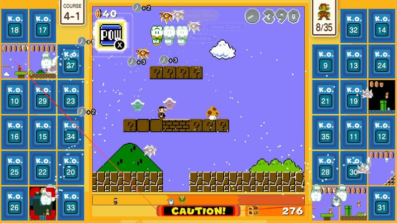 "Super Mario Bros. 35" vereint Jump&Run und die derzeit äußerst beliebte Spielart "Battle Royale": Bis zu 35 Gamer treten hier ab 1. Oktober online gegeneinander an und versuchen, so lange wie möglich zu überleben - was gar nicht so einfach ist, wenn man die von anderen Spielern besiegten Gegner ständig in sein eigenes Level gebeamt bekommt. Kurios: In Mini-Bildausschnitten sieht man stets, was die menschlichen Widersacher so treiben.