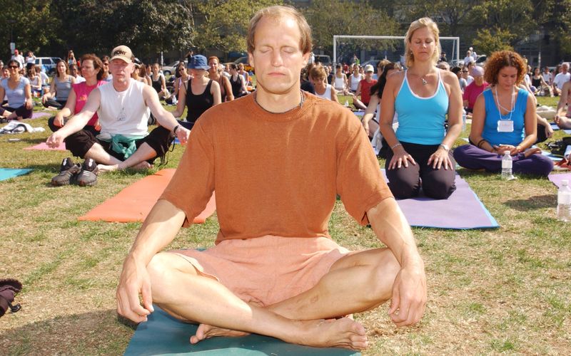 Na, haben sie ihn erkannt? Das ist tatsächlich Hollywood-Star Woody Harrelson, der 2003 an einer Yogastunde an einem kanadischen College teilnahm. Er ist nur einer von zahlreichen Anhängern der indischen Lehre: Auch für andere Promis sind "herabschauender Hund" und "Krieger" mehr als nur irgendein Fitnessprogramm ...