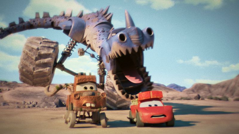 Dinos auf Rädern, Irrwege und eine motorisierte "Mad Max"-Schlacht: "Cars on the Road" wird ein wilder Serien-Rit der "Cars"-Helden.