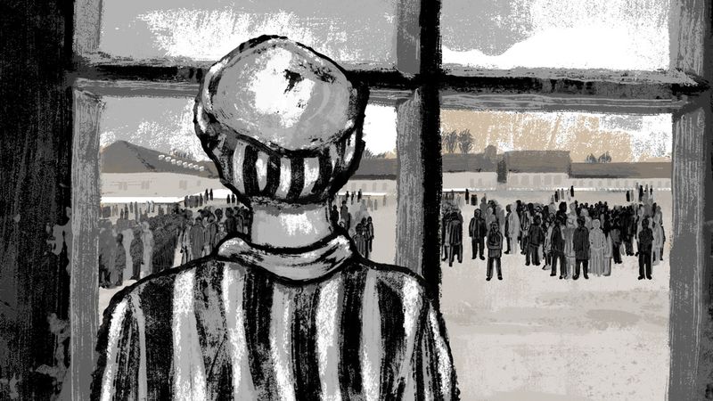 Im Film werden Elemente der Graphic Novel genützt. Hier ein KZ-Häftling bei der Ankunft wenige Tage vor der Befreiung.