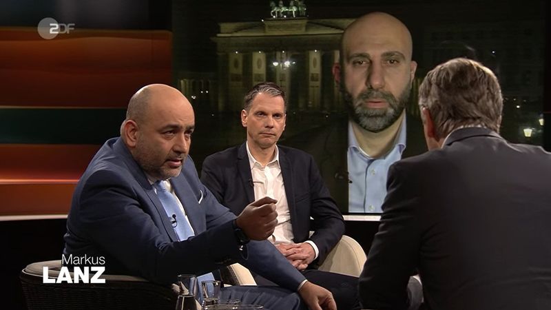 Bei Markus Lanz diskutierten am Mittwochabend, von links: Omid Nouripour, "Spiegel"-Journalist Martin Knobbe und Ahmad Mansour (zugeschaltet).