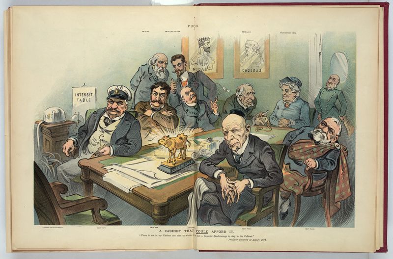 Die USA vor 120 Jahren: ein Paradies für Millionäre und Milliardäre. Männer wie der Ölmagnat Rockefeller (vorne), Andrew Carnegie (links) und J.P. Morgan beherrschten die Demokratie.