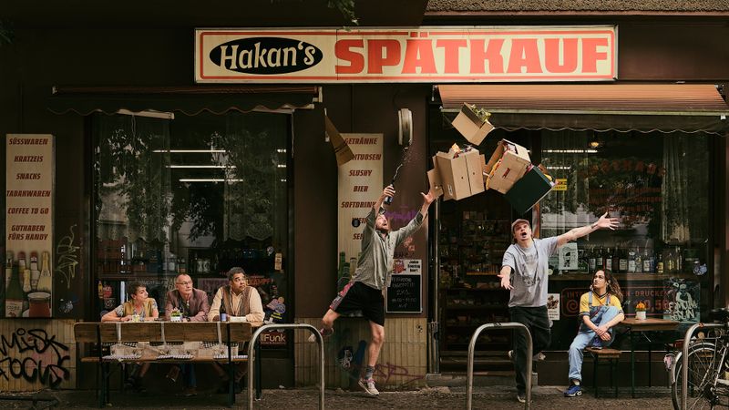 Dieser Späti kommt nie zur Ruhe, doch es gibt immer ein Stammkundenpublikum, das sich nichts entgehen lässt. Von links: Marianne (Eva Weißenborn), Helmut (Torsten Michaelis), Rashid (Falilou Seck), Konnopke (Alexander Finkenwirth), Fred (Wilson Gonzalez) und Aylin (Gülseren Erkut).