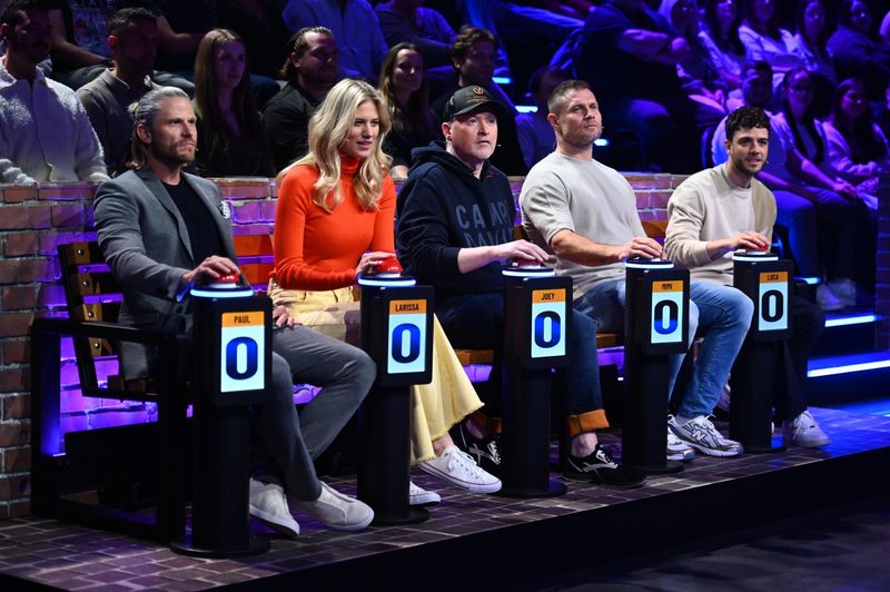 Fünf Promi-Herausforderer, größtenteils chancenlos am RTL-Spieleabend, von links: Paul Janke, Larissa Marolt, Joey Kelly, Mimi Kraus und Luca Hänni.