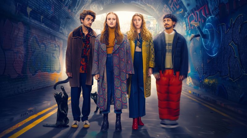 Die Freunde Jizzlord (Luke Rollason, links), Carrie (Sofia Oxenham, rechts) und Kash (Bilal Hasna) helfen Jen (Máiréad Tyers), ihre Superkraft zu entdecken. Zusammen erleben sie die Höhen und Tiefen des Lebens.