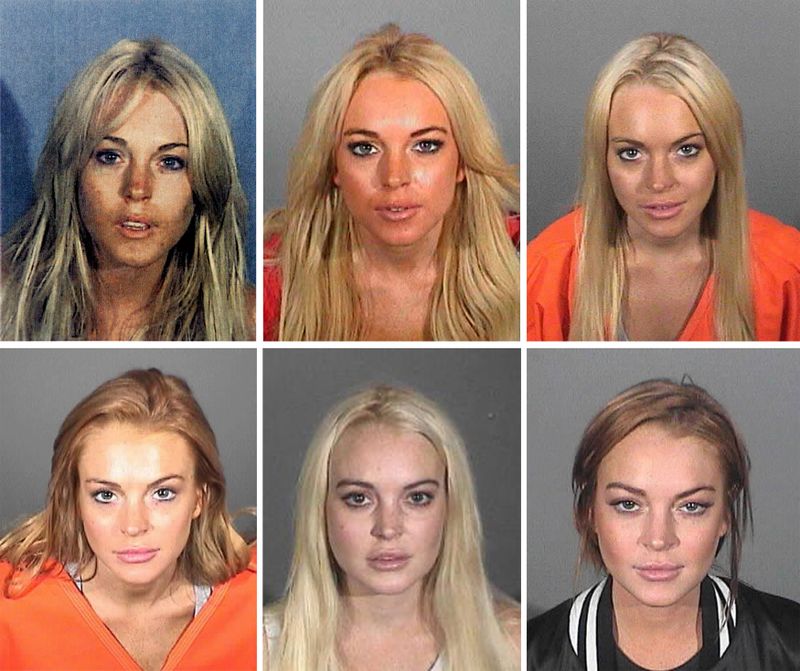 Die Skandalakte der Lindsay Lohan ist lang. Die Collage zeigt diverse Fotos, die nach Verhaftungen entstanden.