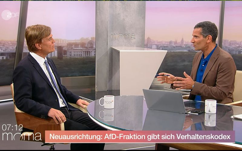 Der parlamentarische Geschäftsführer der AfD, Bernd Baumann (links), sprach am Mittwochmorgen mit ZDF-"Morgenmagazin"-Moderator Mitri Sirin.