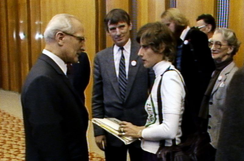 "Schwerter zu Pflugscharen!" - Petra Kelly (vorne) und Otto Schily (zweiter von links) 1988 bei Erich Honecker in Ostberlin.
