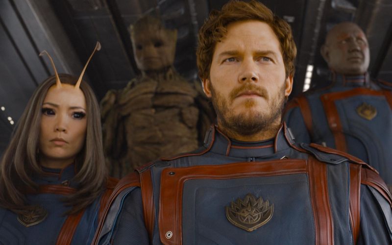 Im letzten Teil der "Guardians of the "Galaxy-Reihe stellen sich Mantis (Pom Klementieff, vorne links), Groot (hinten links, gesprochen von Vin Diesel), Star-Lord (Chris Pratt, Mitte), Nebula (Karen Gillan, vorne rechts) und Drax (Dave Bautista, hinten rechts) ihrem wohl größten Kampf.
