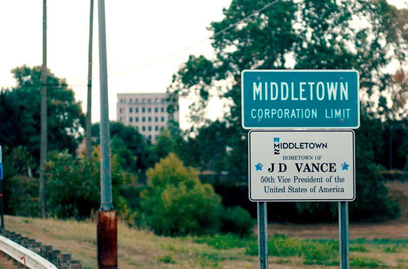 Ortseingangsschild von Middletown, Ohio, der Heimatstadt von J.D. Vance, dem 50. Vizepräsidenten, im sogenannten deindustialisierten "Rust Belt" Amerikas.