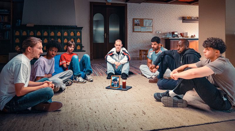 Betreuer und "Klienten" der Wohngruppe haben sich versammelt, um von ihrem toten Mitbewohner und Chef Abschied zu nehmen.
