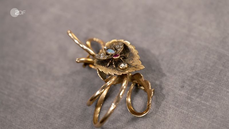 Die geerbte Brosche zeigte eine Fliege, die auf einem Blatt sitzt.